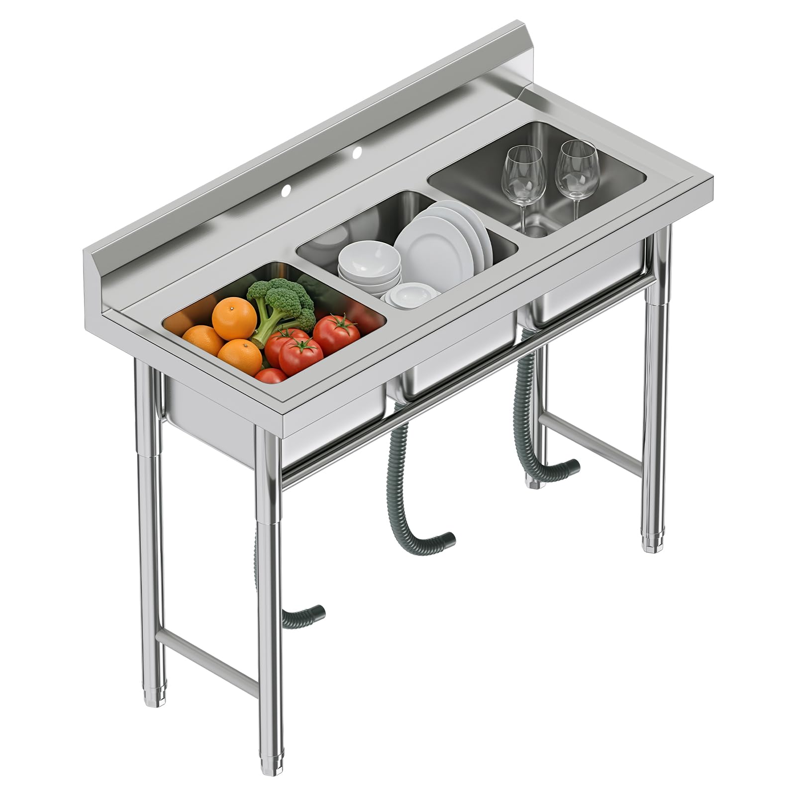 Plinth Stainless Steel Utility Sink with Faucet & Storage-Triple-Bowl