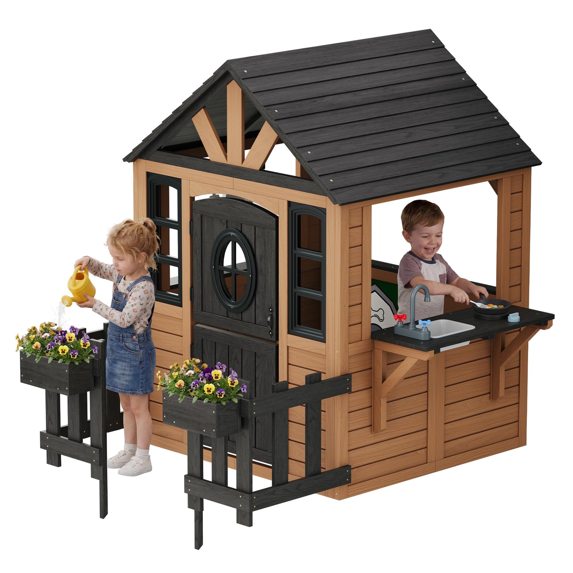 Wooden Outdoor Playhouse for Kids with Kitchen-Brown-51.4" L x 60.2" W x 60.2" H