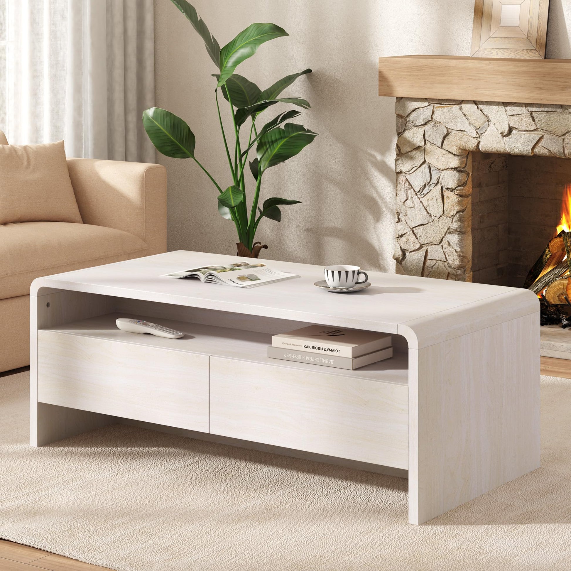 Modern Wood Grain Coffee Table with Drawers-White-Flat