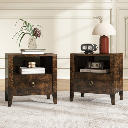Burl Set of 2 Mid Century Modern Wood Nightstand with Drawer-Brown