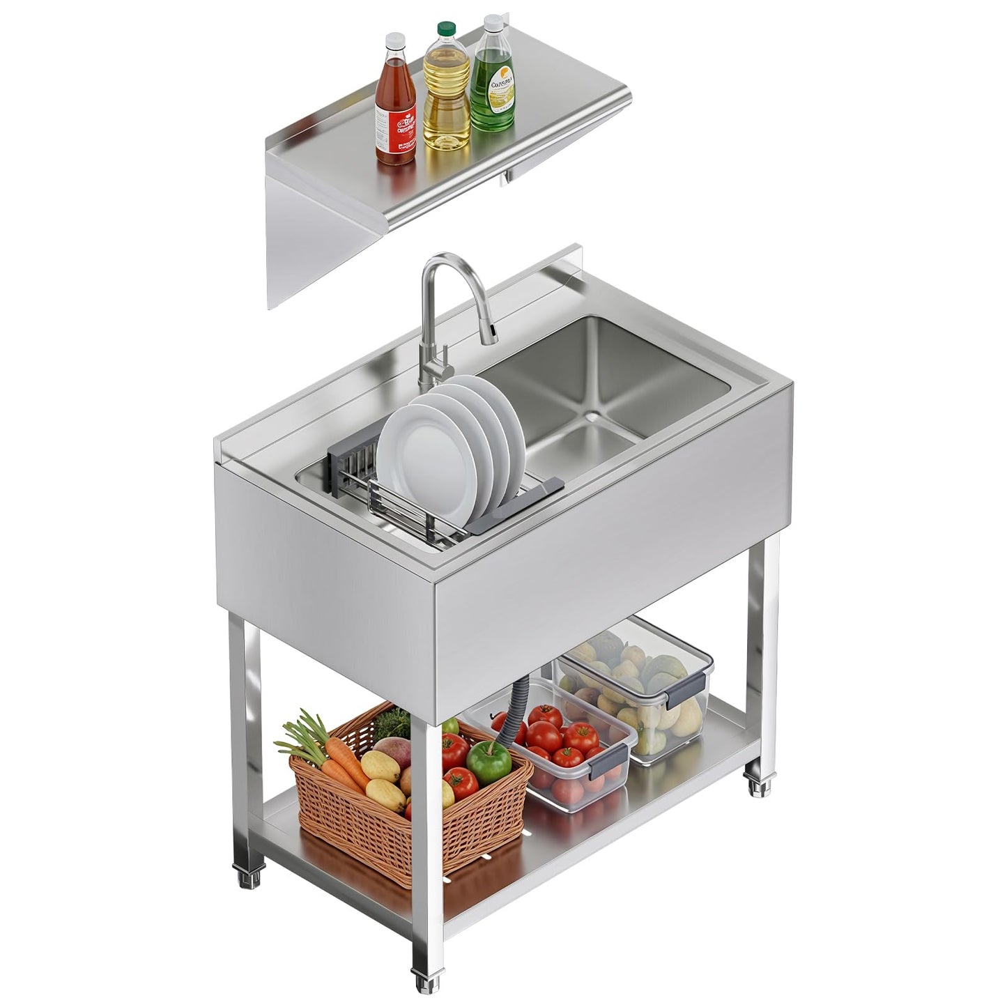 Plinth Stainless Steel Utility Sink with Faucet & Storage-Single Bowl with Wall Rack