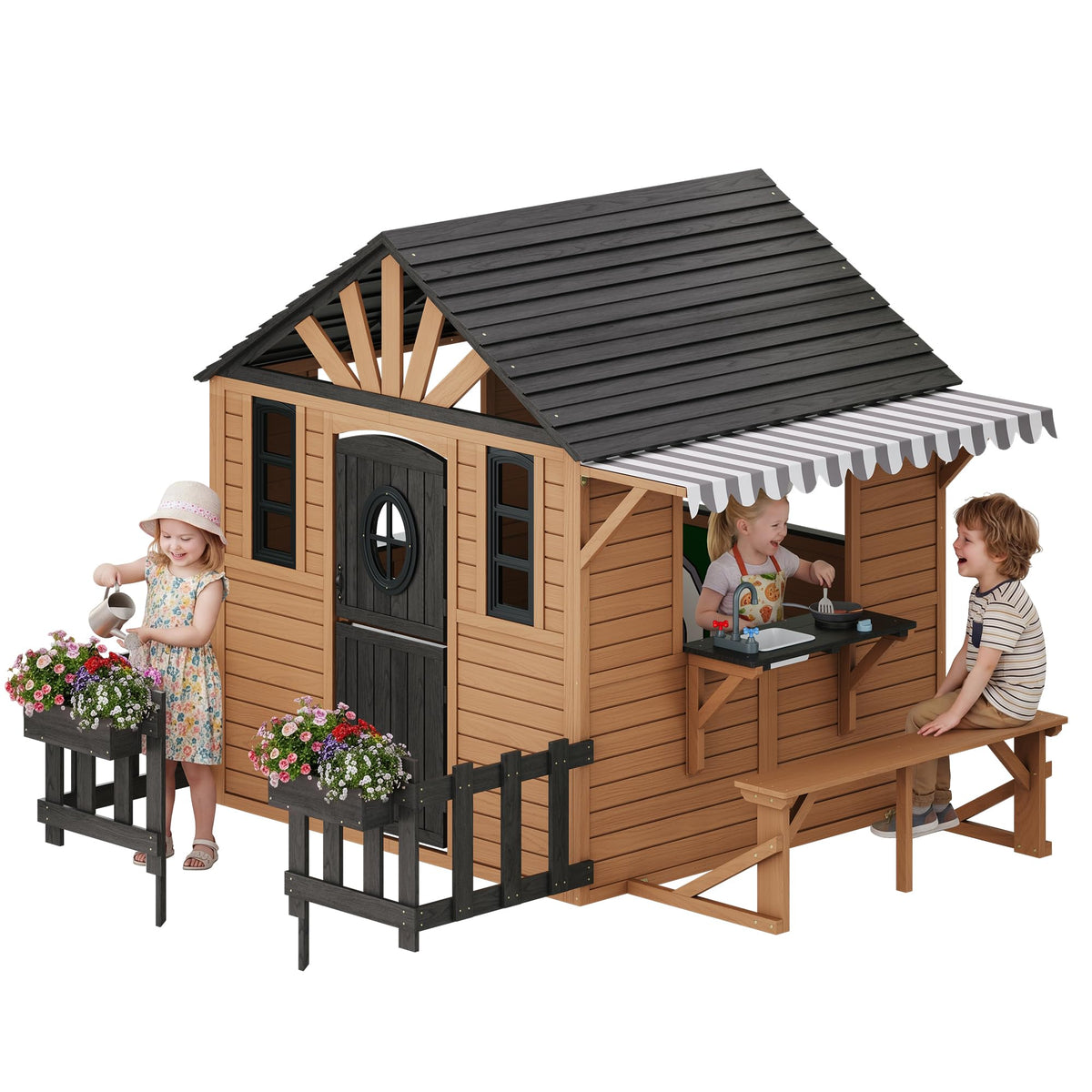 Wooden Outdoor Playhouse for Kids with Kitchen-Brown-81.9" L x 83.9" W x 64.8" H