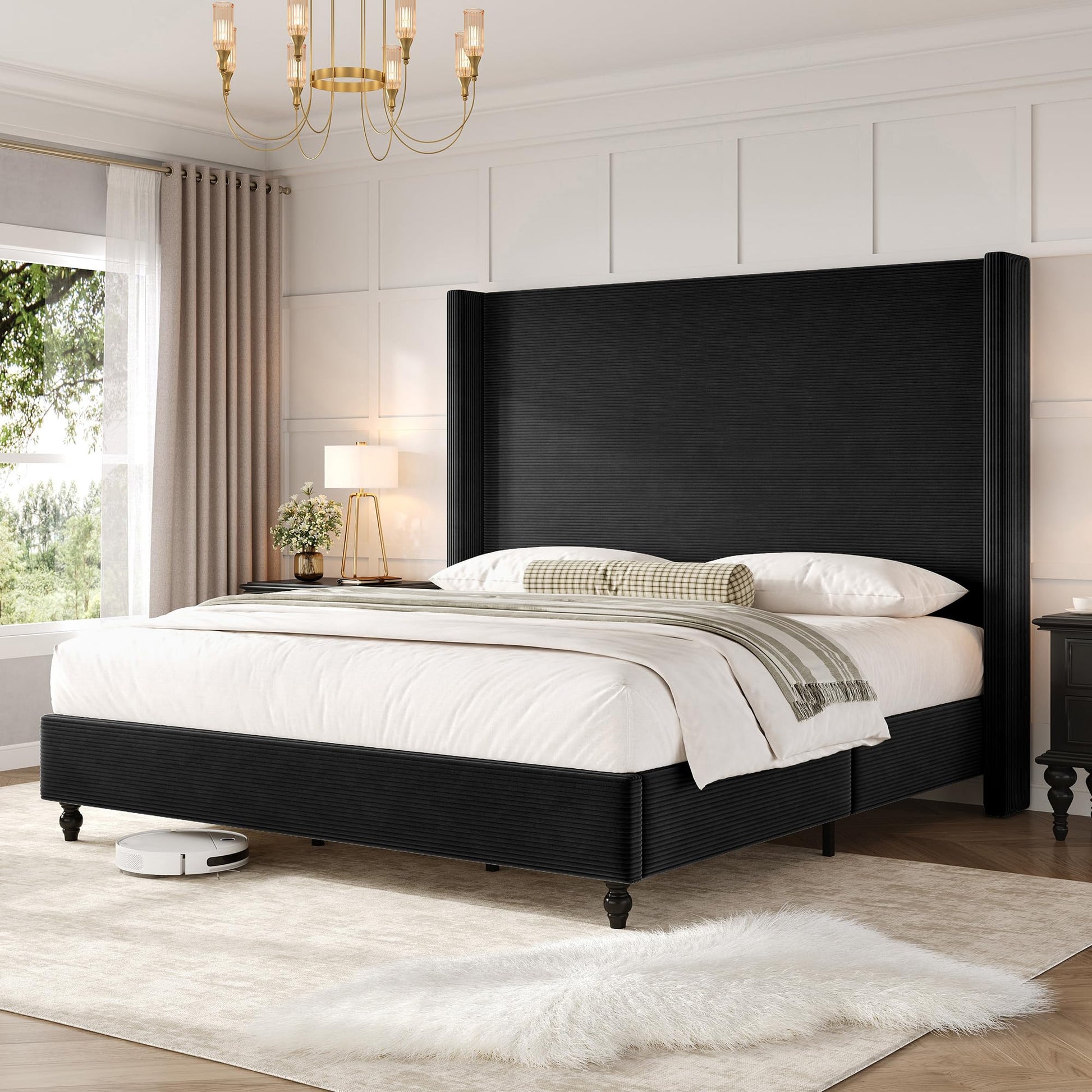 Cordelle Corduroy Wingback Bed Frame-King-Black