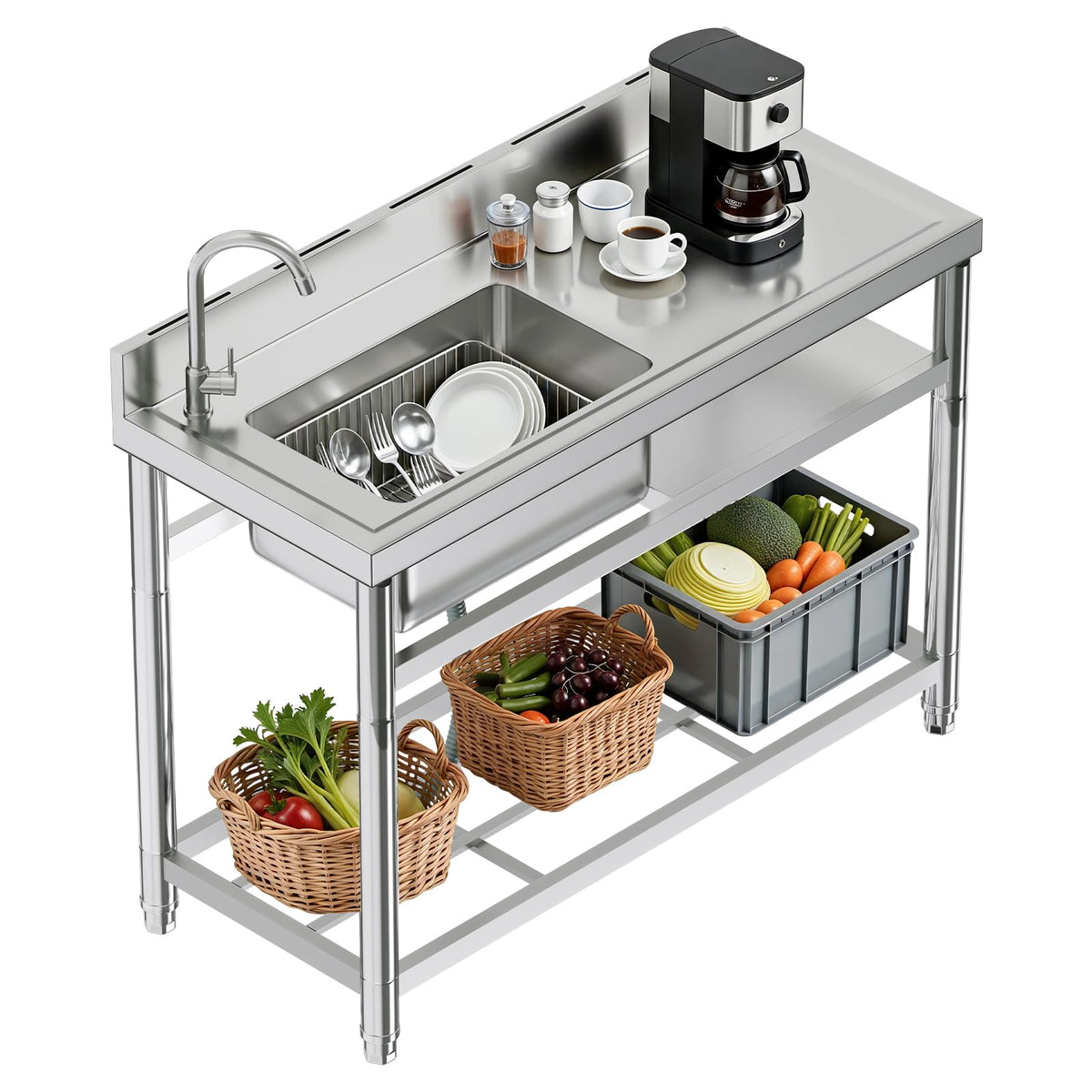 Plinth Stainless Steel Utility Sink with Faucet & Storage-Single Bowl with Right Worktop
