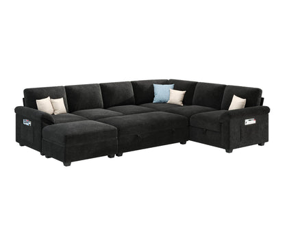 Sleeper Sectional Sofa with Pull Out Bed & Storage-105" | 7-Seater | Fixed backrest-Black