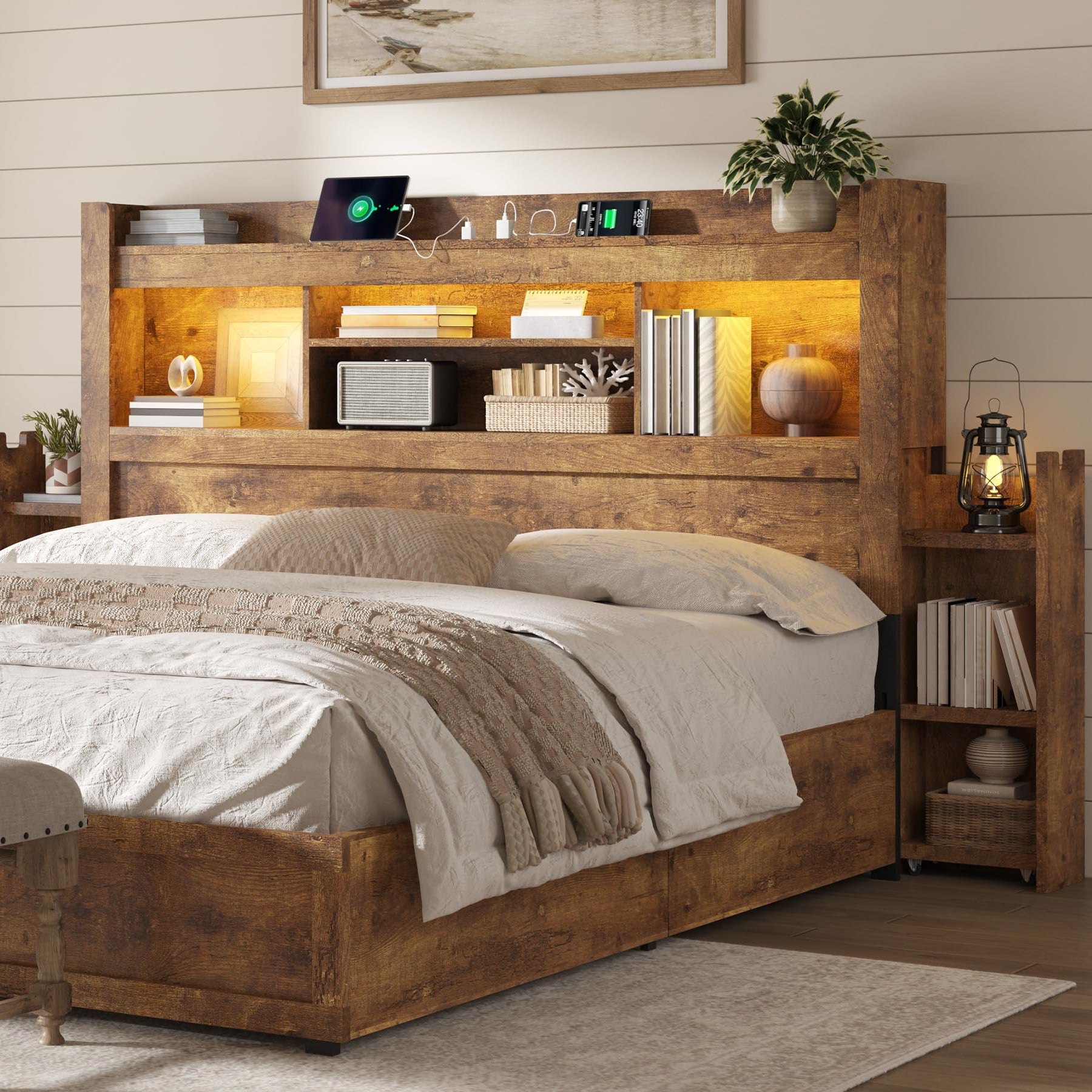 Farmhouse King Headboard with Storage & LED Lighting-Rustic Brown-King