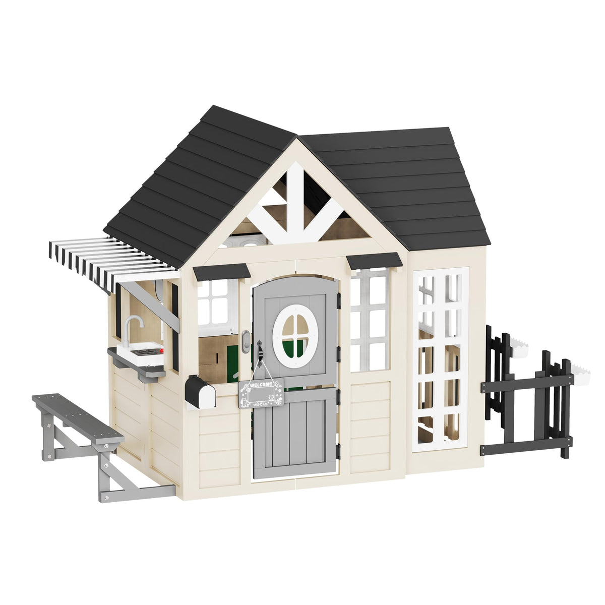 Wooden Outdoor Playhouse for Kids with Kitchen-Beige-98.8" L x 51.6" W x 64.6" H
