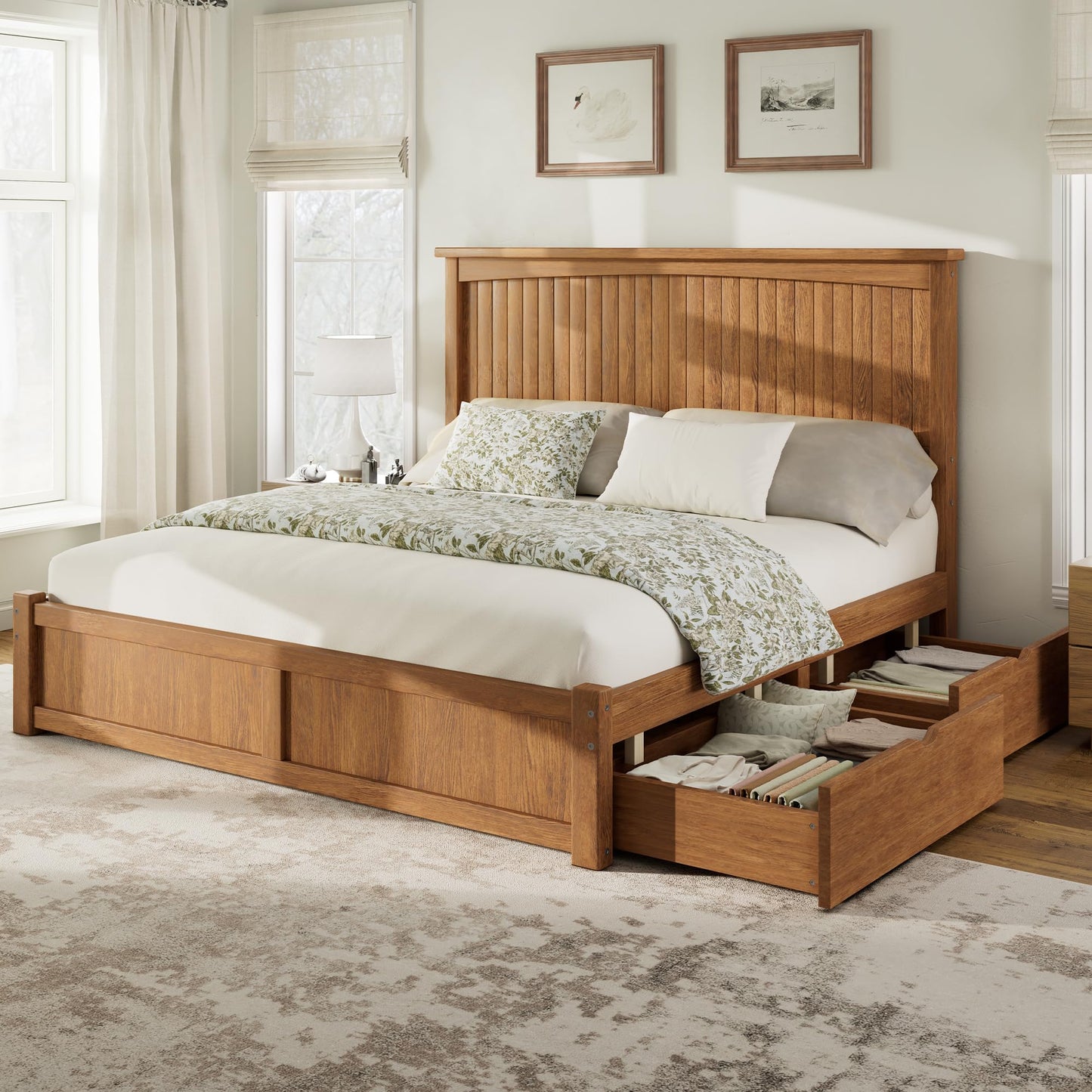 Solid Wood Platform Bed Frame-Queen-Warm Brown