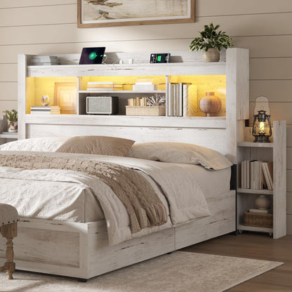 Farmhouse King Headboard with Storage & LED Lighting-Distressed White-King