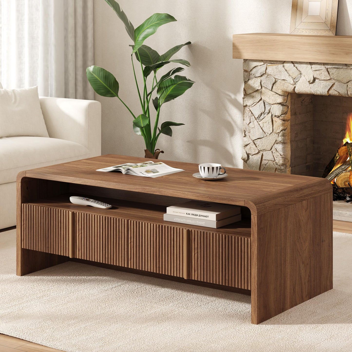 Modern Wood Grain Coffee Table with Drawers-Brown-Fluted