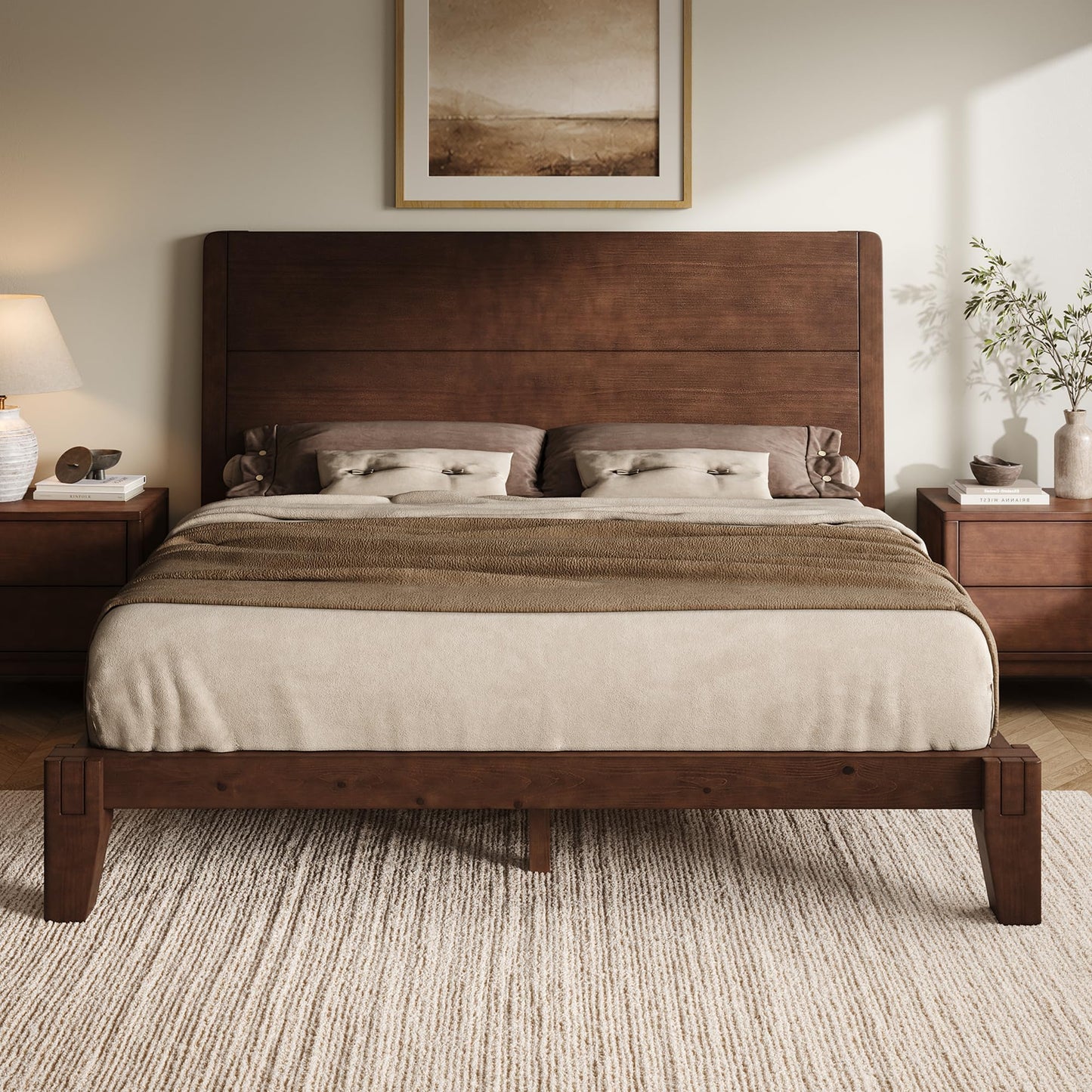 Japanese Joinery Solid Wood King Bed Frame-Queen-Dark Walnut
