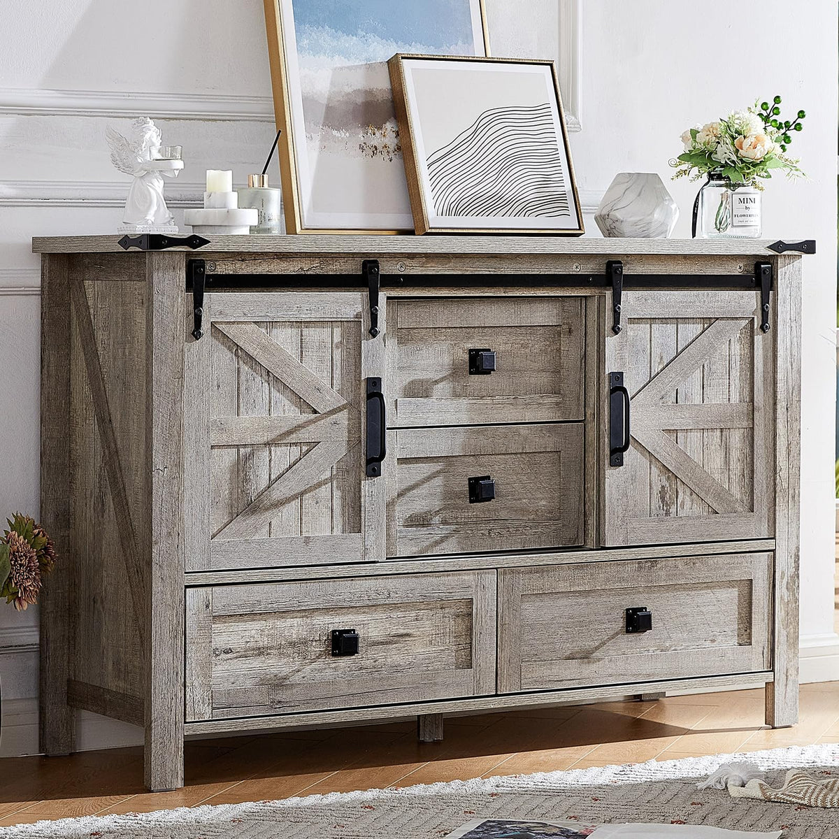 Marlowe Farmhouse Dresser with Drawers-15.8"D x 47"W x 31"H (4 Drawers)-Light Rustic Oak