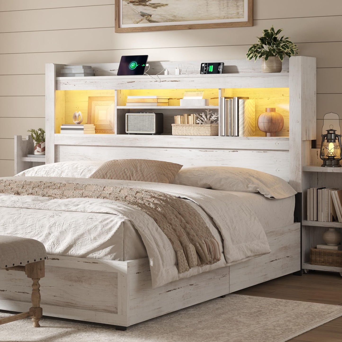 Farmhouse King Headboard with Storage & LED Lighting-Distressed White-Queen