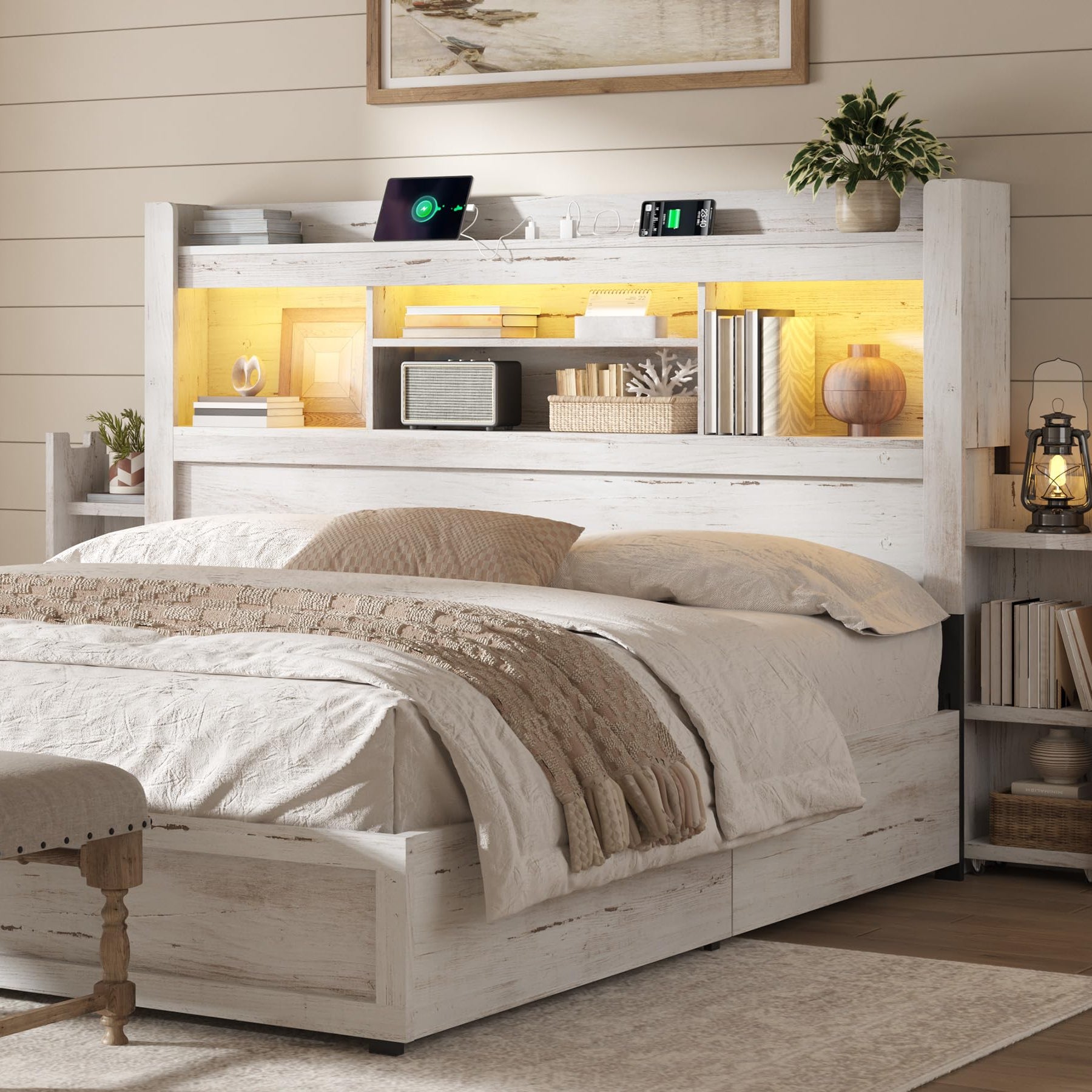 Farmhouse King Headboard with Storage & LED Lighting-Distressed White-Queen