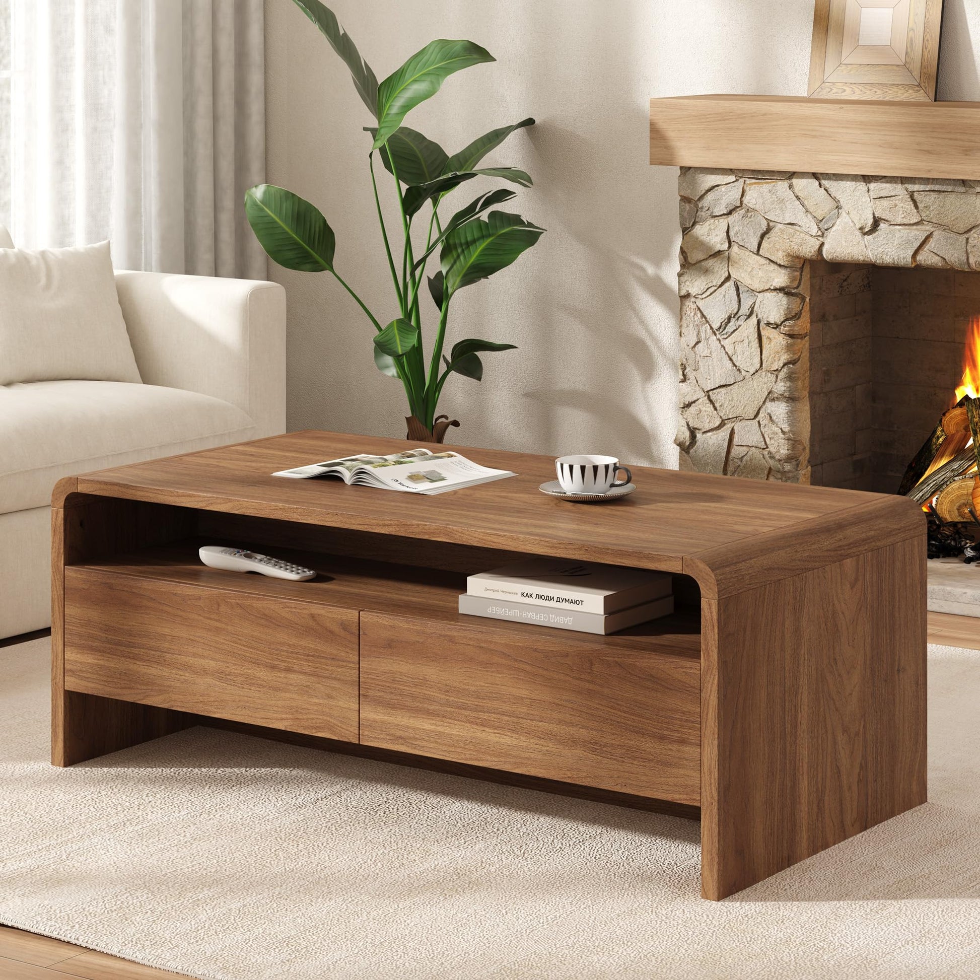 Modern Wood Grain Coffee Table with Drawers-Brown-Flat