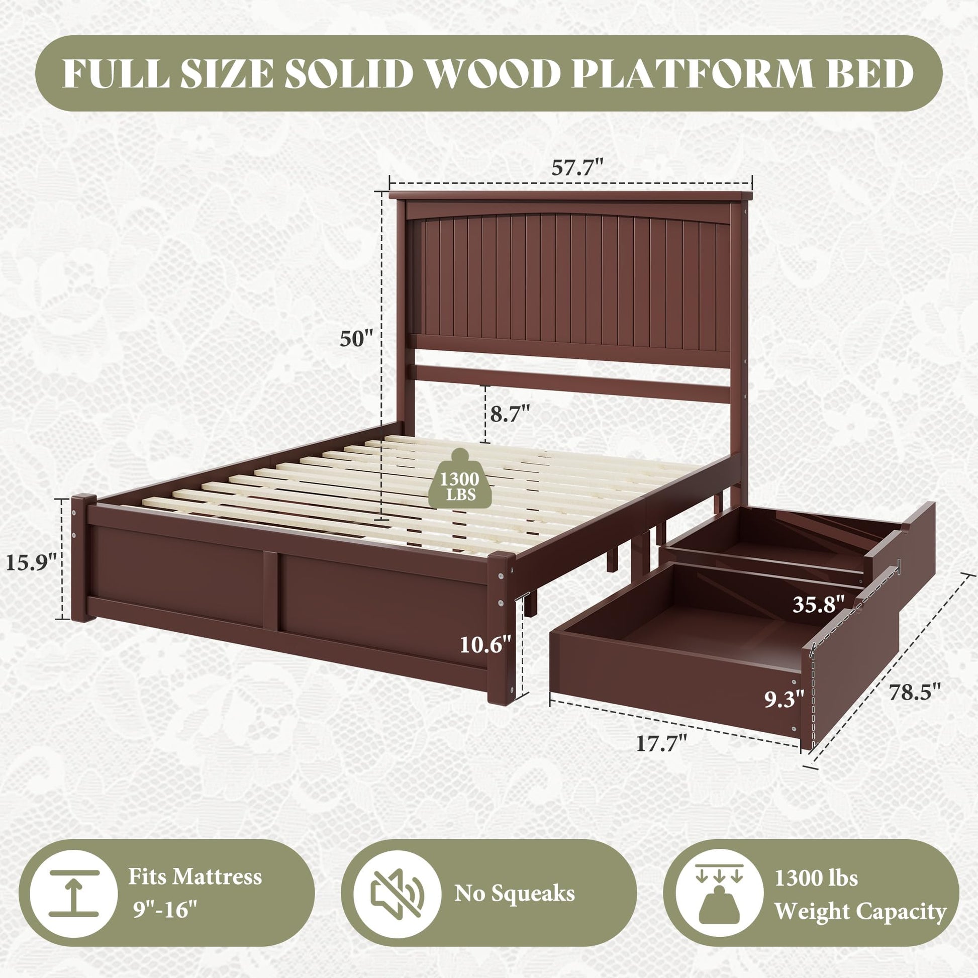Solid Wood Platform Bed Frame-Full-Espresso Brown