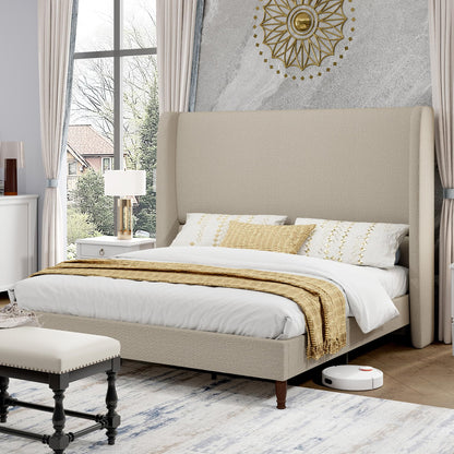 Tall Upholstered Bed Frame with Wingback Headboard-Full-Khaki