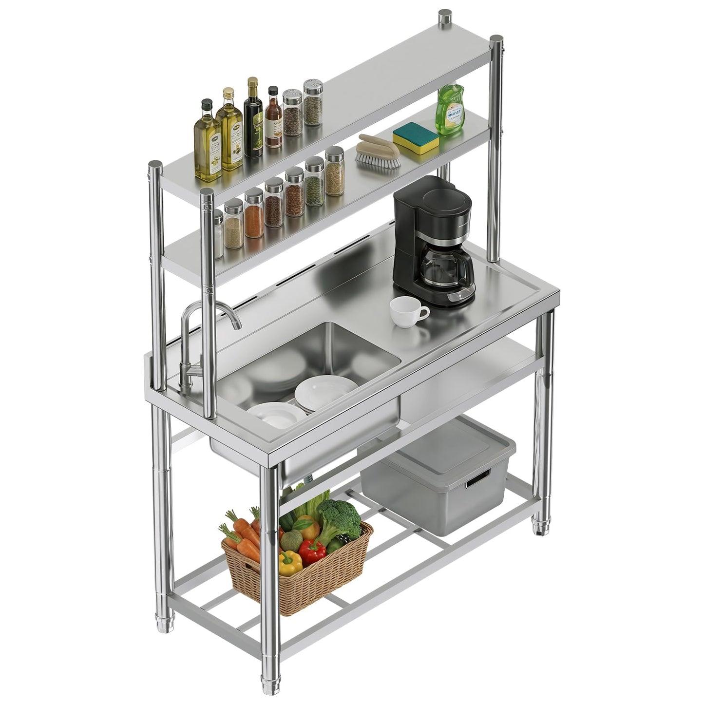 Plinth Stainless Steel Utility Sink with Faucet & Storage-Plinth Stainless Steel Utility Sink with Faucet & Storage-Single Bowl with Right Worktop
