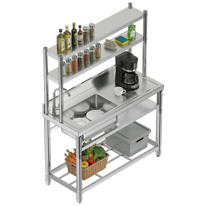 Plinth Stainless Steel Utility Sink with Faucet & Storage-Plinth Stainless Steel Utility Sink with Faucet & Storage-Single Bowl with Right Worktop