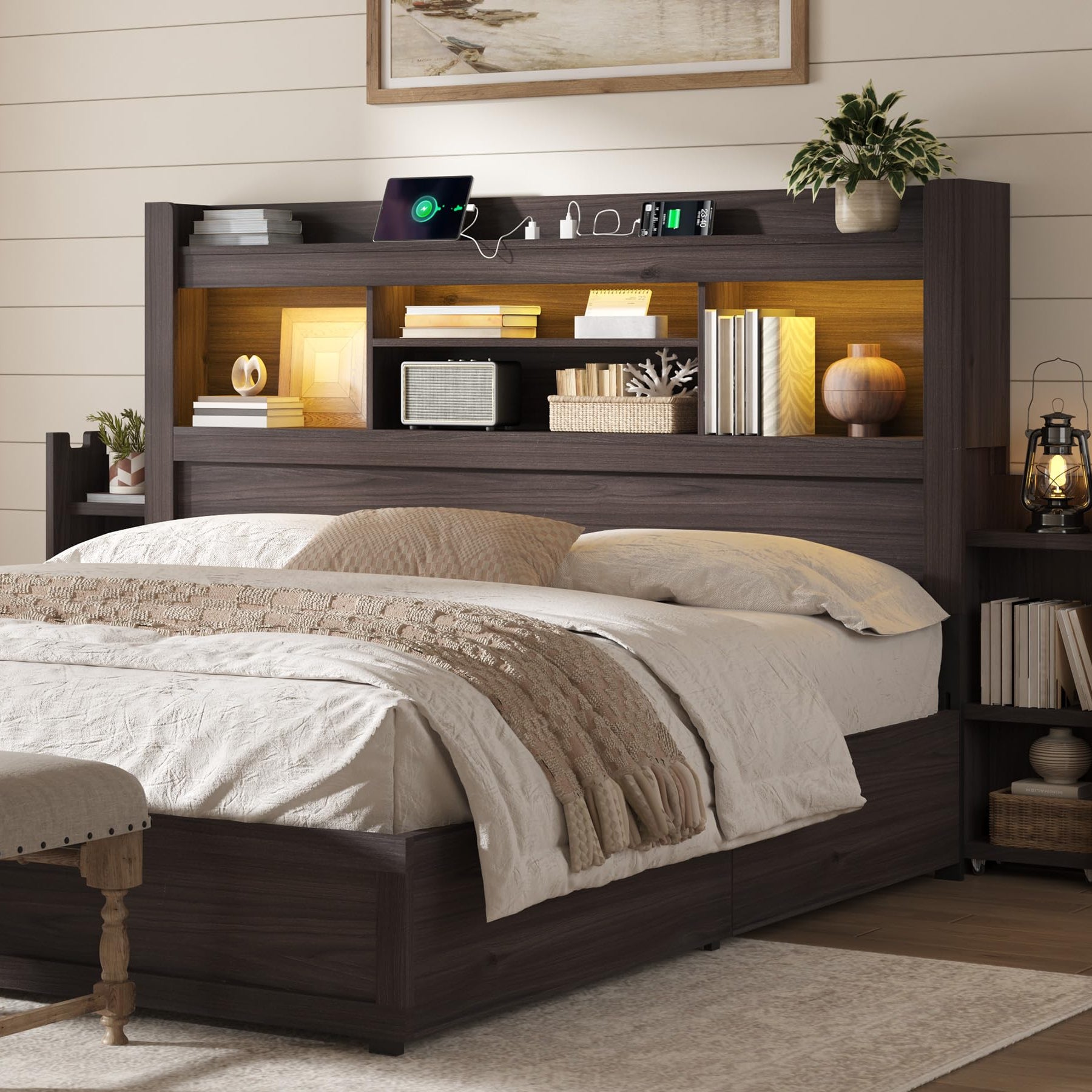 Farmhouse King Headboard with Storage & LED Lighting-Black Oak-Queen