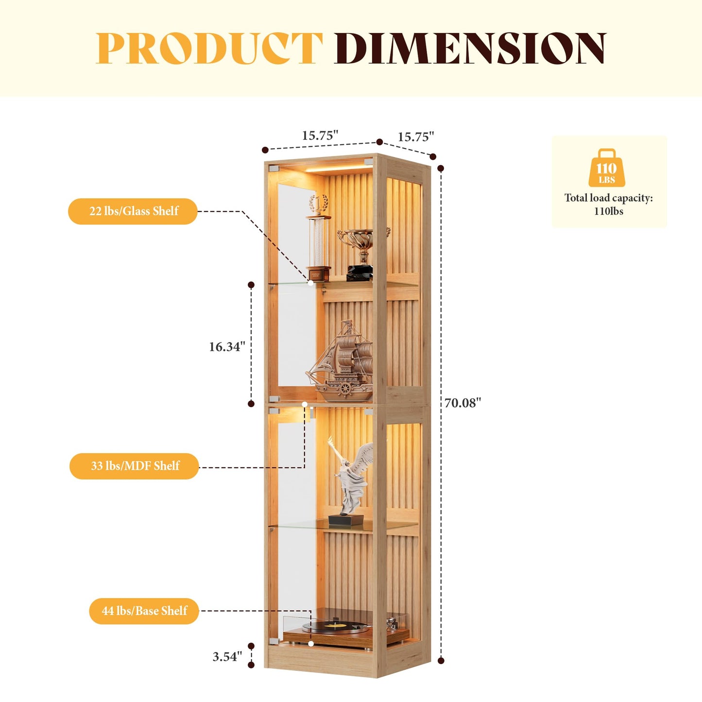 RGB Display Cabinet with Adjustable Glass Shelves Amerlife Wood / 16x16x70in