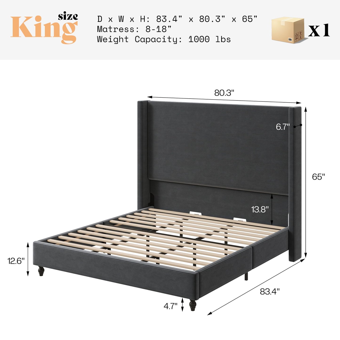 Cordelle Corduroy Wingback Bed Frame-King-Dark Grey