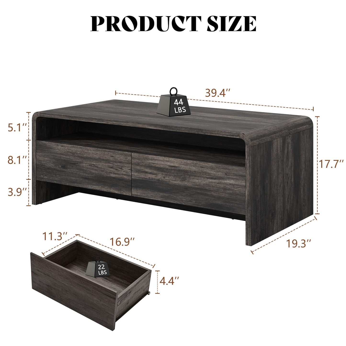 Modern Wood Grain Coffee Table with Drawers-Black-Flat