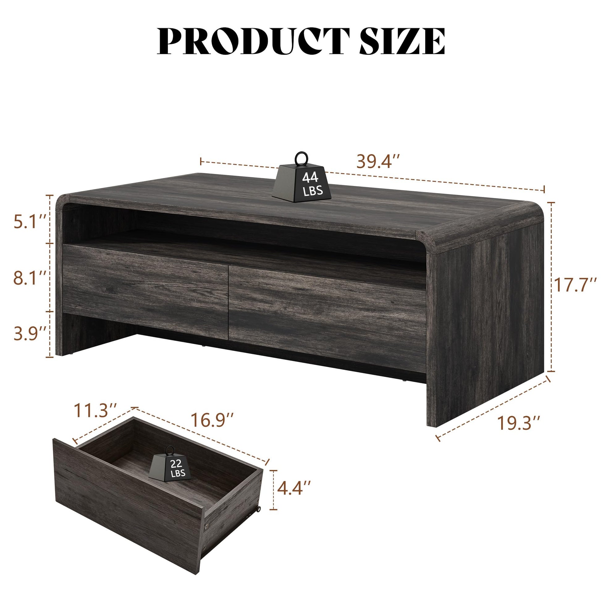 Modern Wood Grain Coffee Table with Drawers-Black-Flat