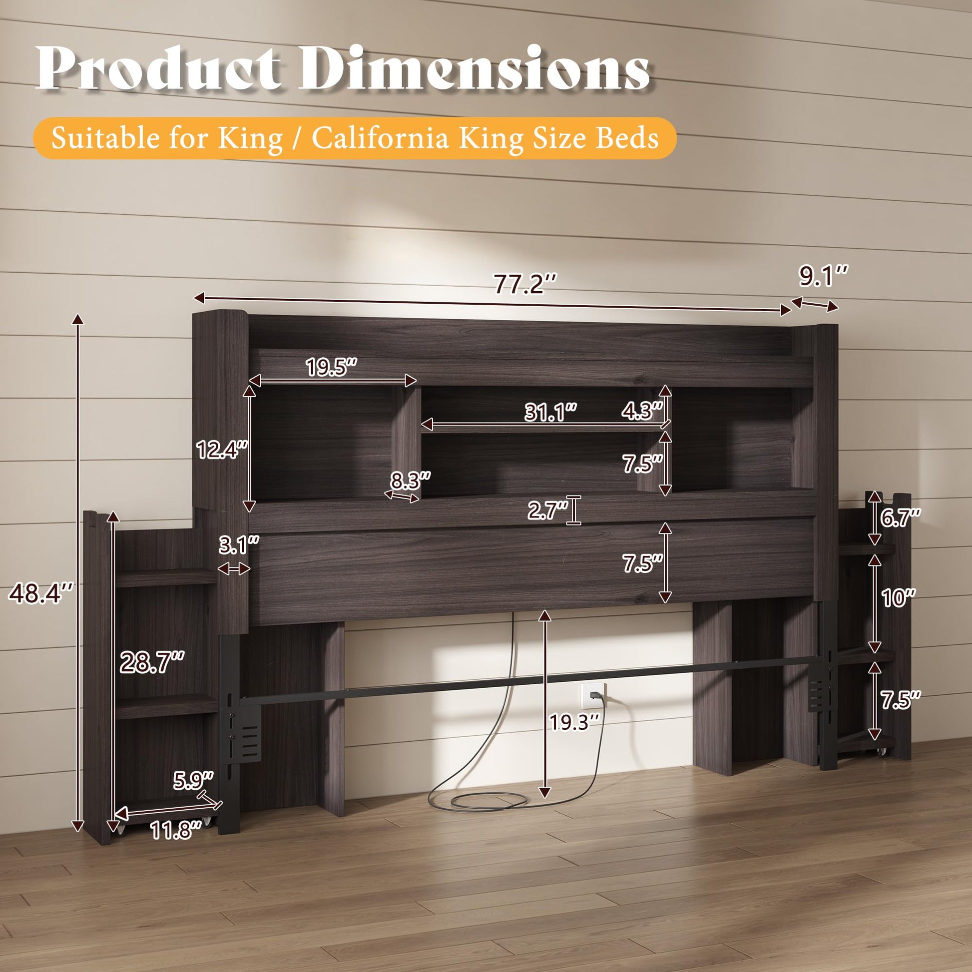 Farmhouse King Headboard with Storage & LED Lighting-Black Oak-King