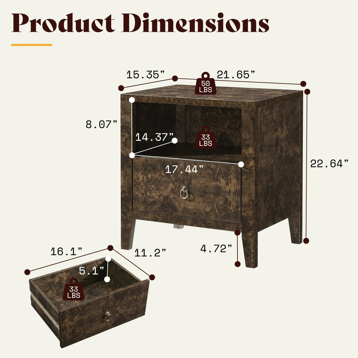 Burl Set of 2 Mid Century Modern Wood Nightstand with Drawer-Brown