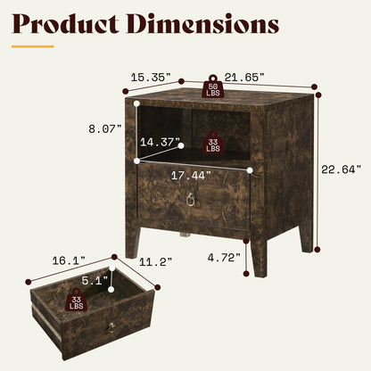 Burl Set of 2 Mid Century Modern Wood Nightstand with Drawer-Brown