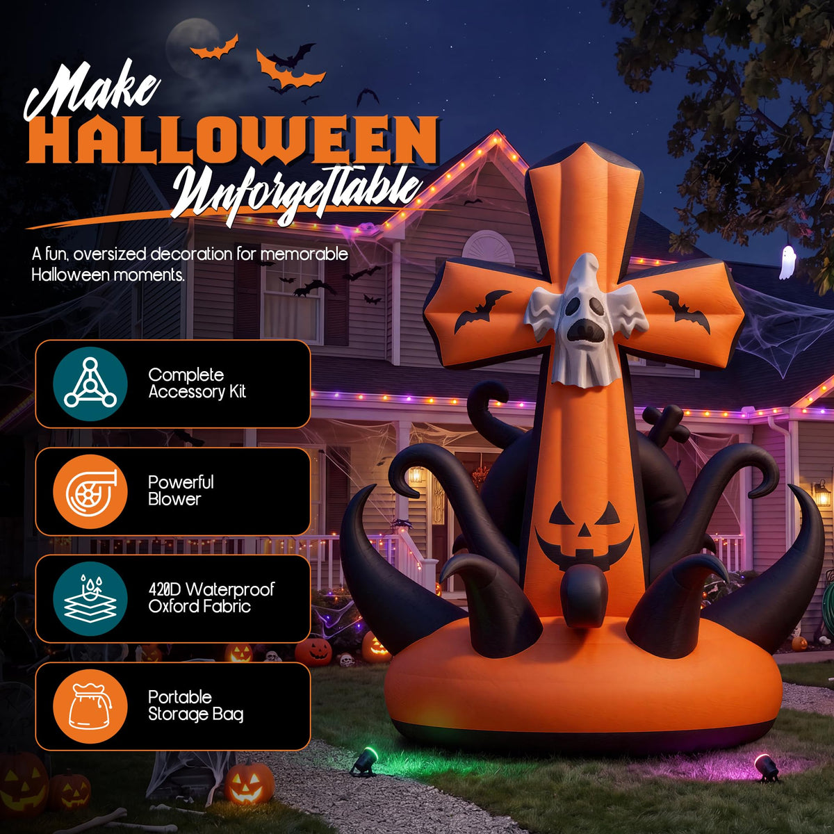 Giant Halloween Inflatable Ghost & Pumpkin-Pumpkin Cross-26.2 FT