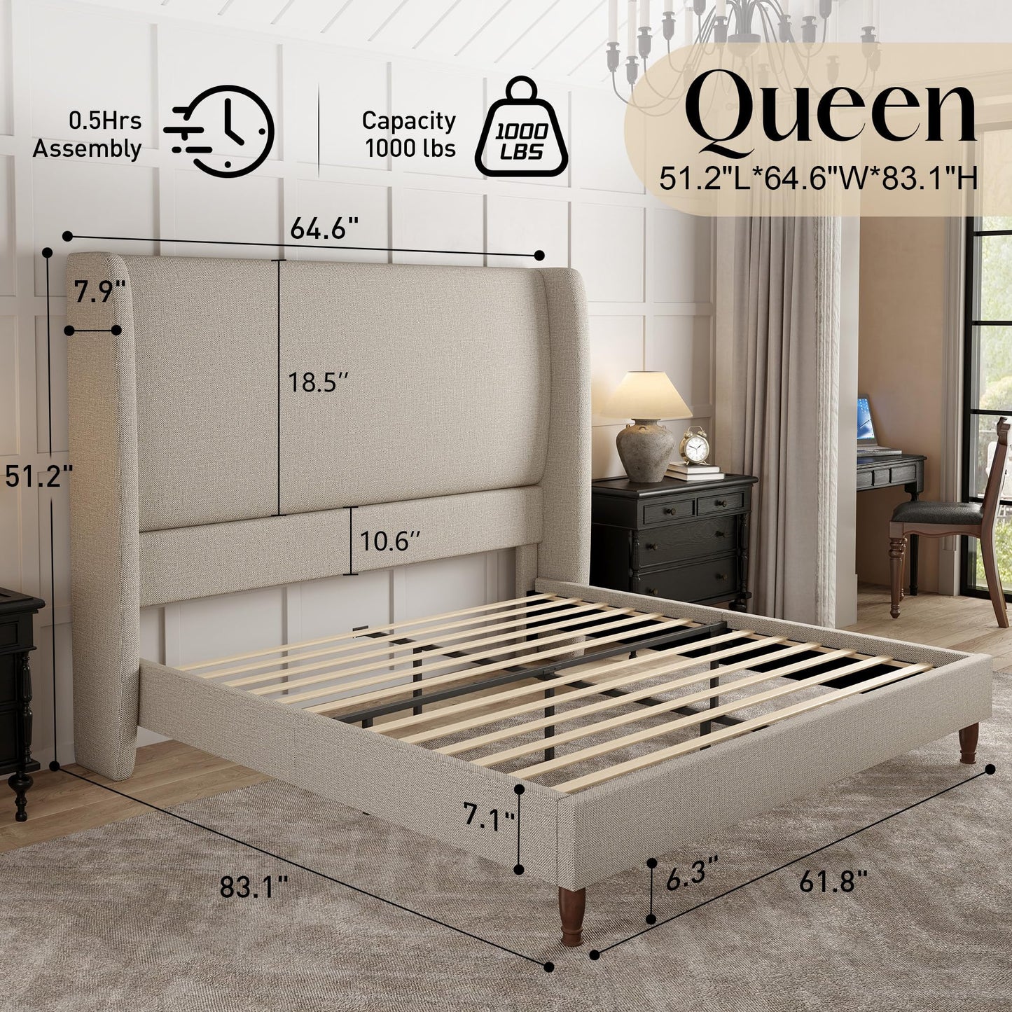 Tall Upholstered Bed Frame with Wingback Headboard-Queen-Khaki