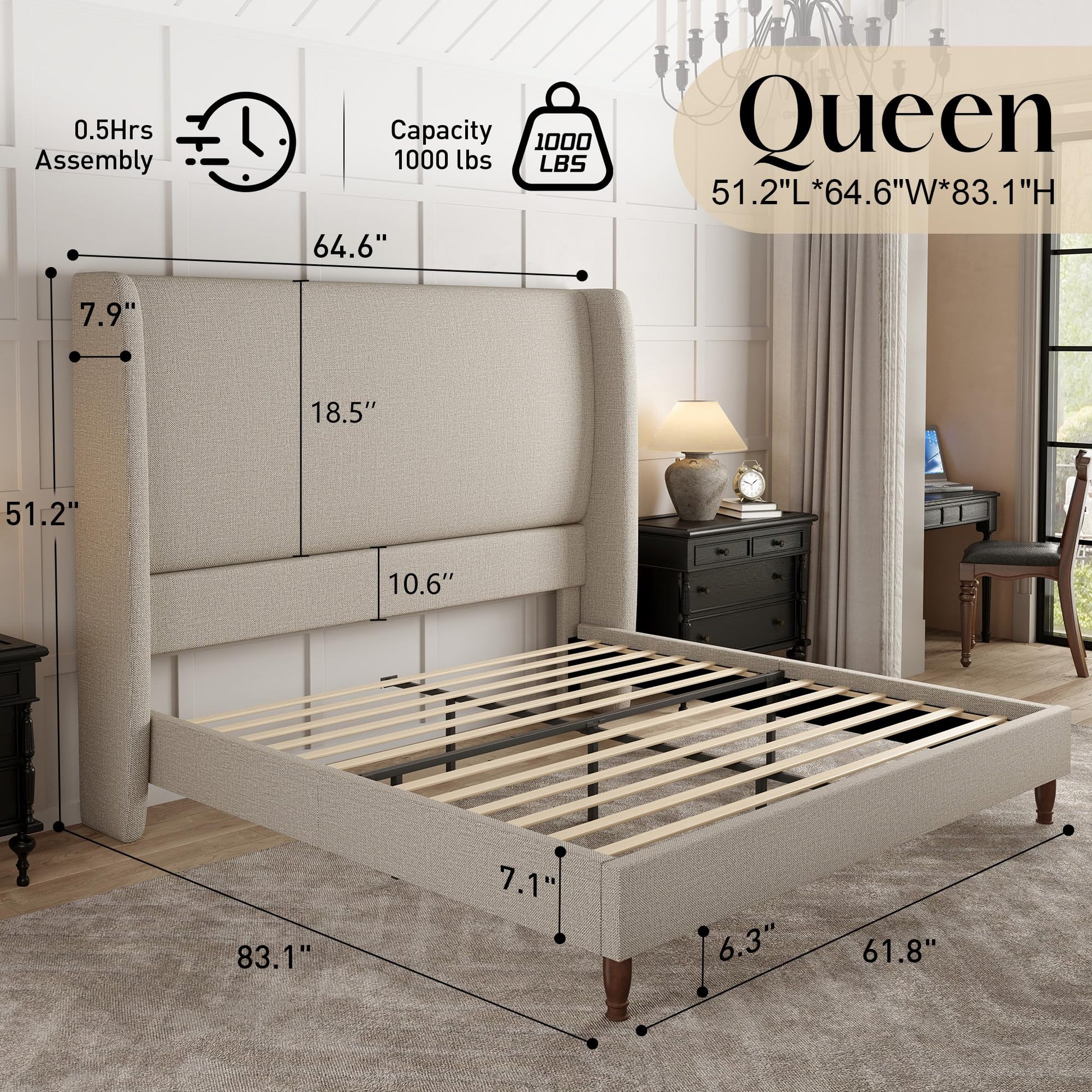 Tall Upholstered Bed Frame with Wingback Headboard-Queen-Khaki