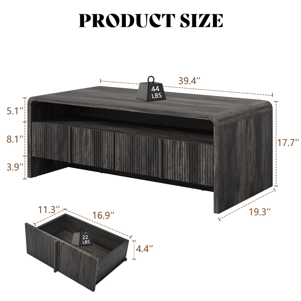 Onyx Modern Wood Grain Coffee Table with Drawers-Black-Fluted