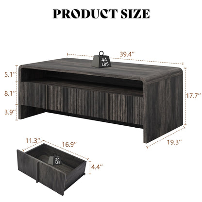 Onyx Modern Wood Grain Coffee Table with Drawers-Black-Fluted