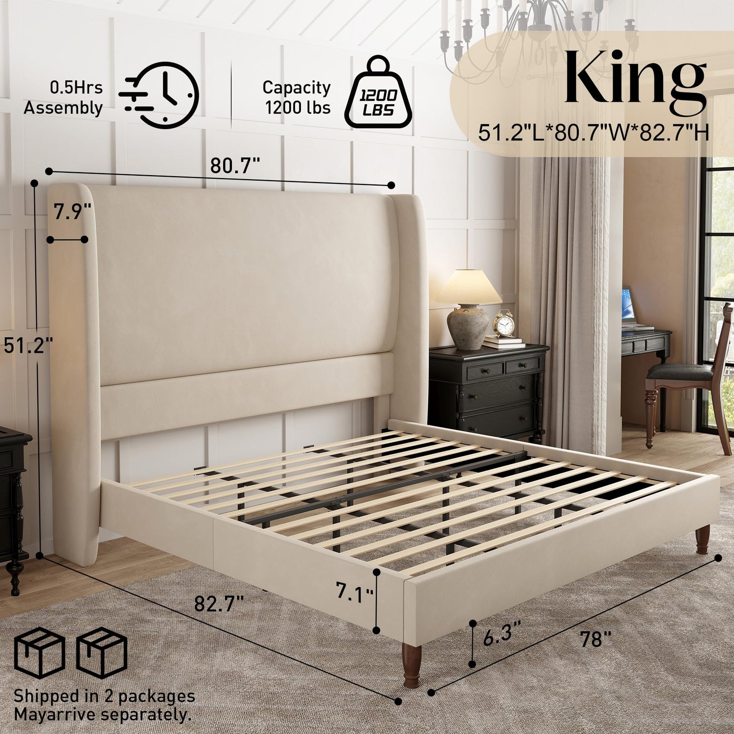 Tall Upholstered Bed Frame with Wingback Headboard-King-Khaki