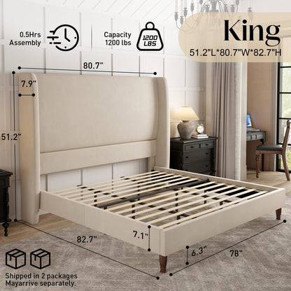 Tall Upholstered Bed Frame with Wingback Headboard-King-Khaki