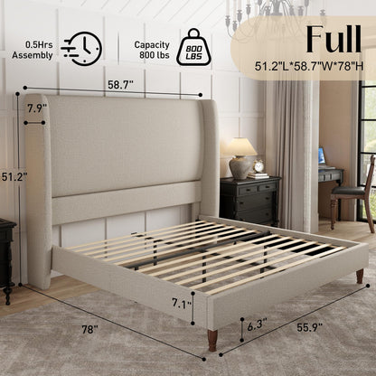 Tall Upholstered Bed Frame with Wingback Headboard-Full-Khaki
