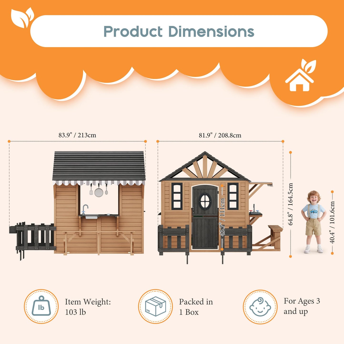 Wooden Outdoor Playhouse for Kids with Kitchen-Brown-81.9" L x 83.9" W x 64.8" H