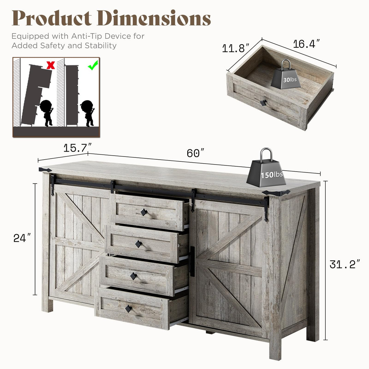 Marlowe Farmhouse Dresser with Drawers-15.8"D x 60"W x 31"H (4 Drawers)-Light Rustic Oak