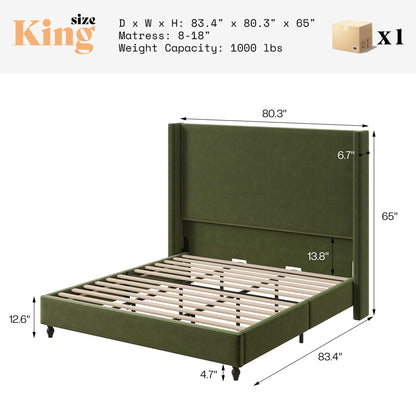 Cordelle Corduroy Wingback Bed Frame-King-Green