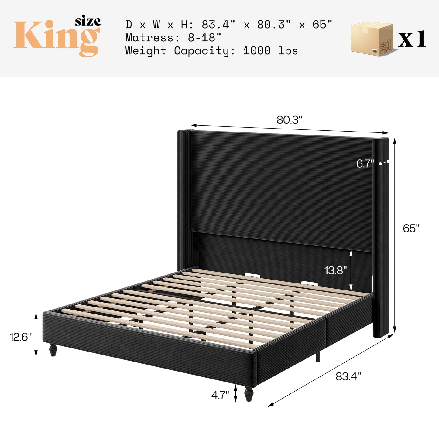 Cordelle Corduroy Wingback Bed Frame-King-Black