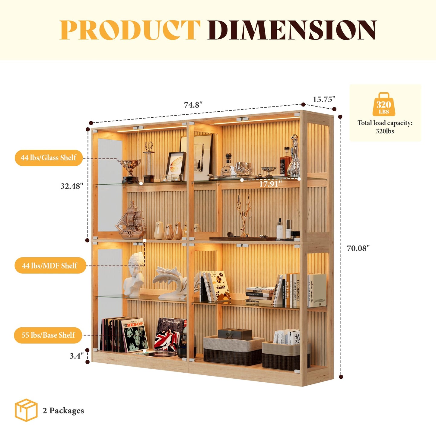 RGB Display Cabinet with Adjustable Glass Shelves Amerlife Wood / 75x16x70in