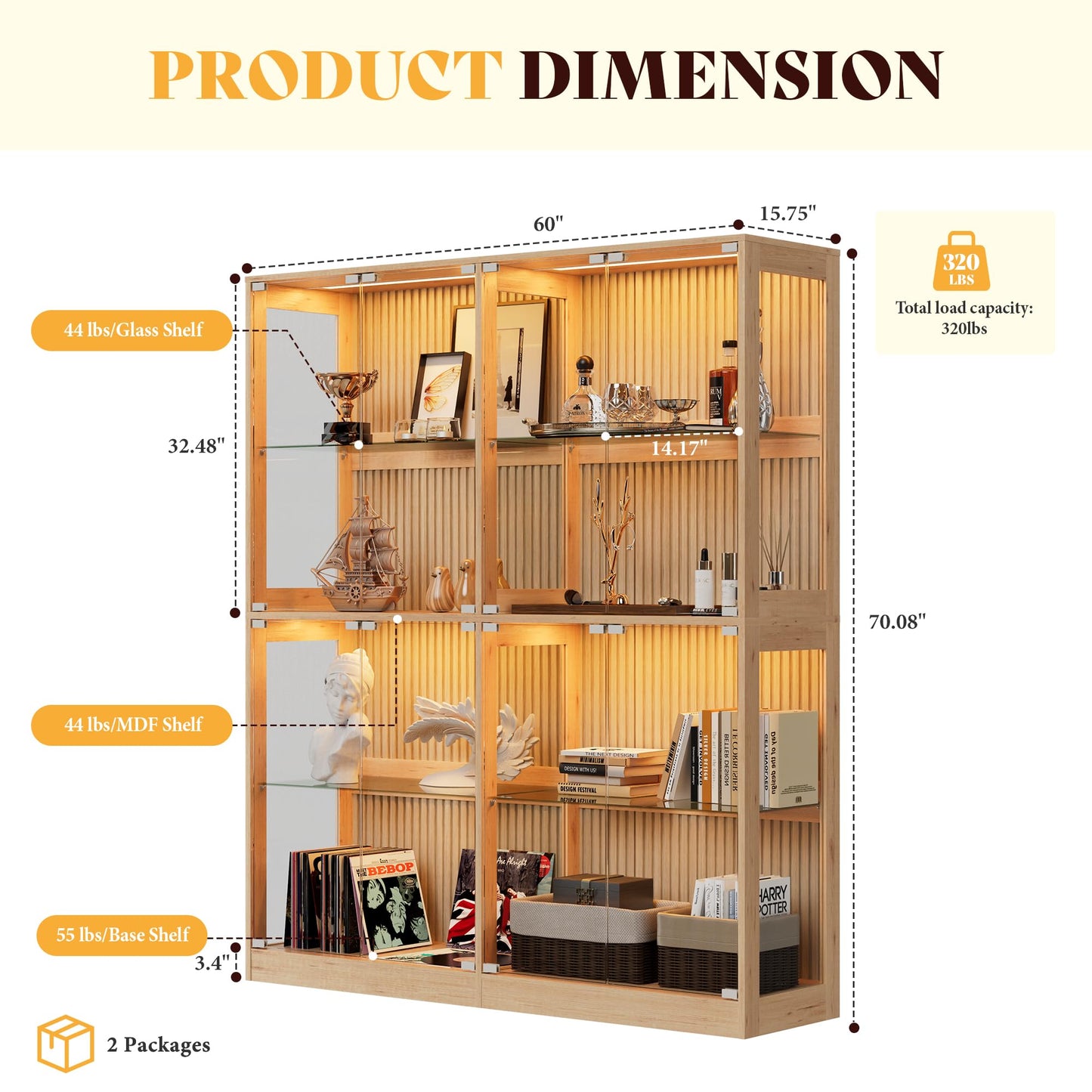 RGB Display Cabinet with Adjustable Glass Shelves Amerlife Wood / 60x16x70in