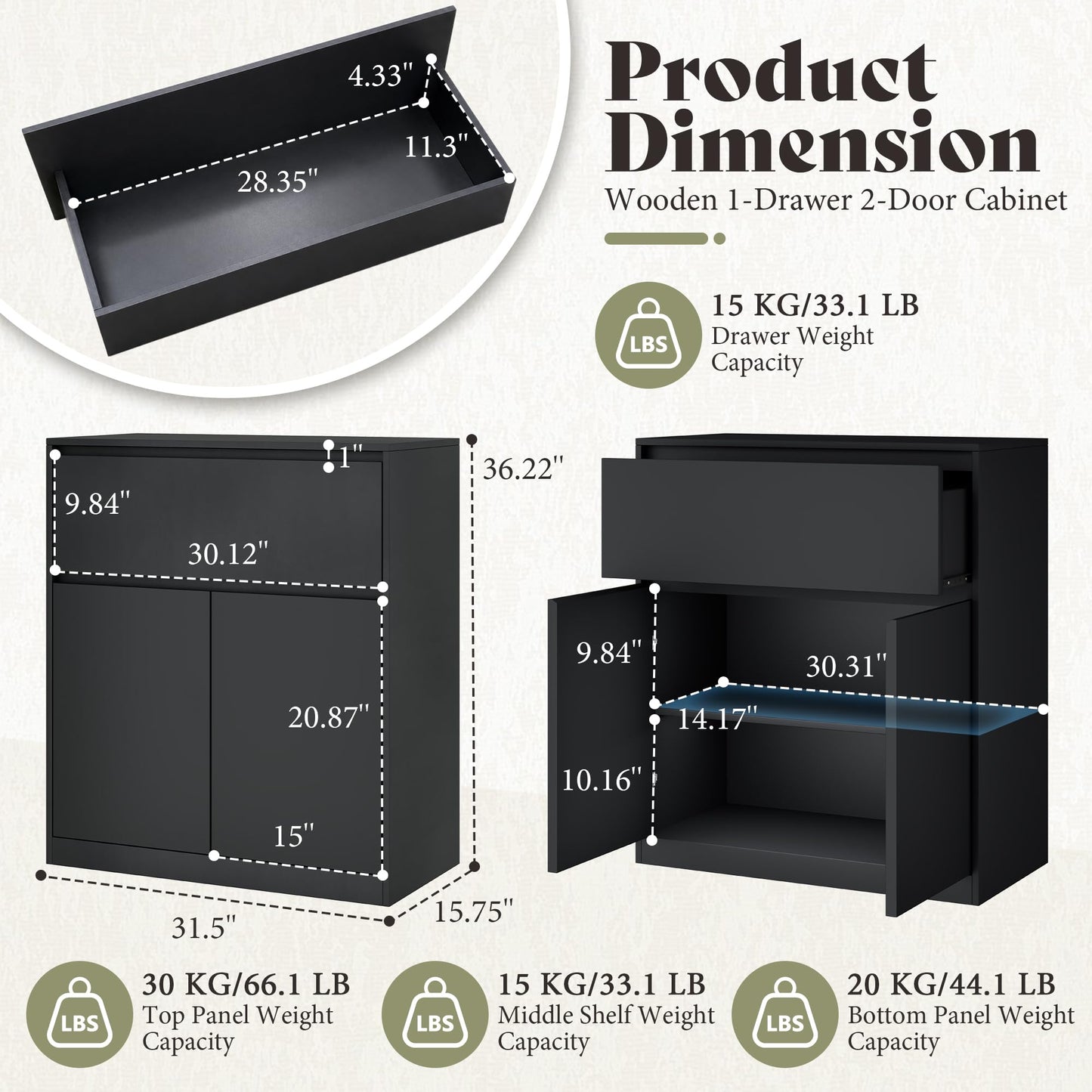 Amerlife Modular Glass Display Cabinet-2-Door & 1-Drawer Cabinet-Black