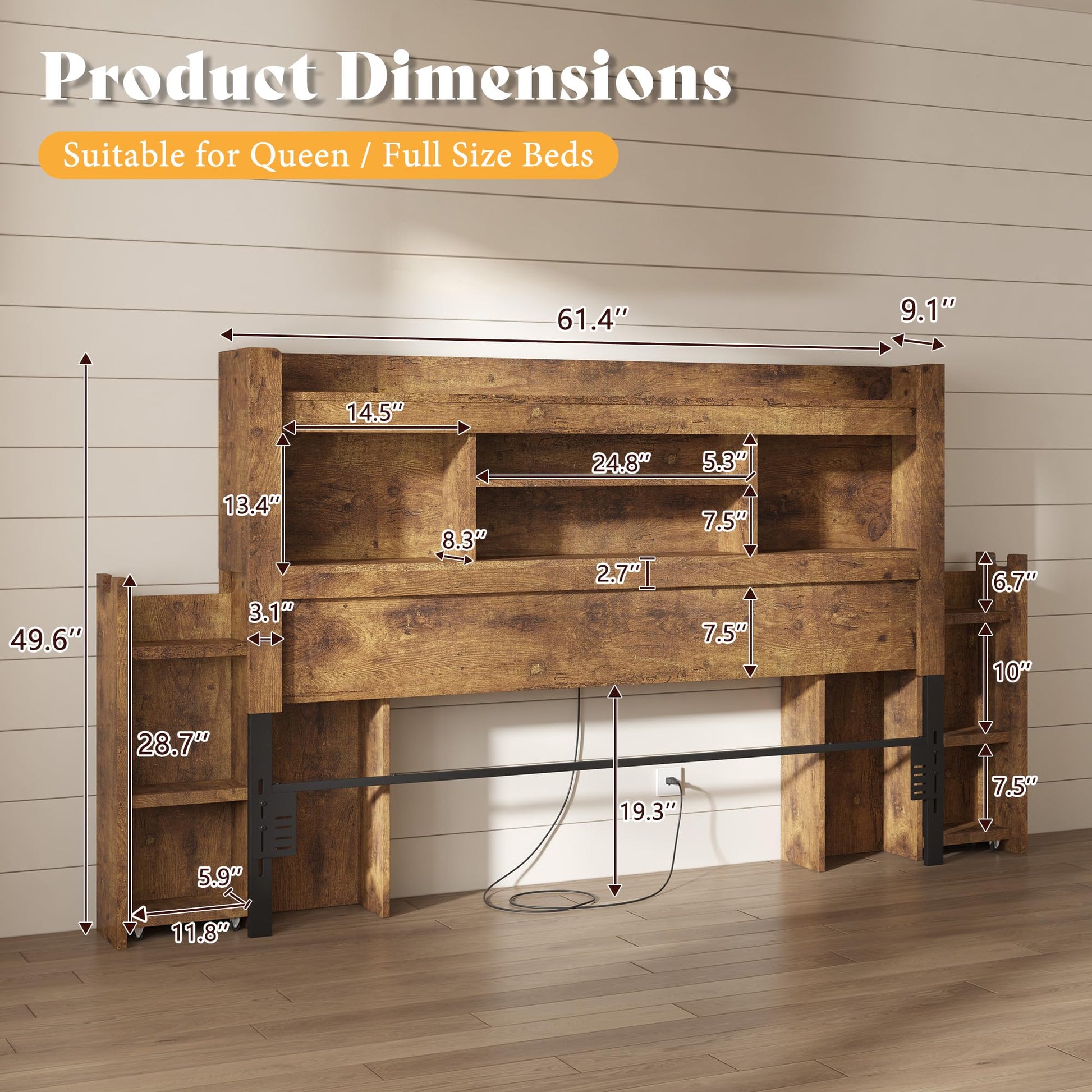 Farmhouse King Headboard with Storage & LED Lighting-Rustic Brown-Queen