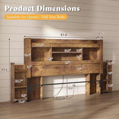 Farmhouse King Headboard with Storage & LED Lighting-Rustic Brown-Queen