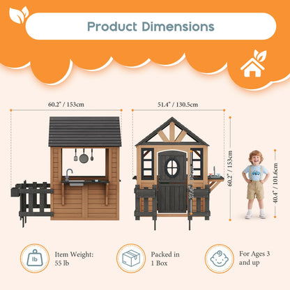 Wooden Outdoor Playhouse for Kids with Kitchen-Brown-51.4" L x 60.2" W x 60.2" H