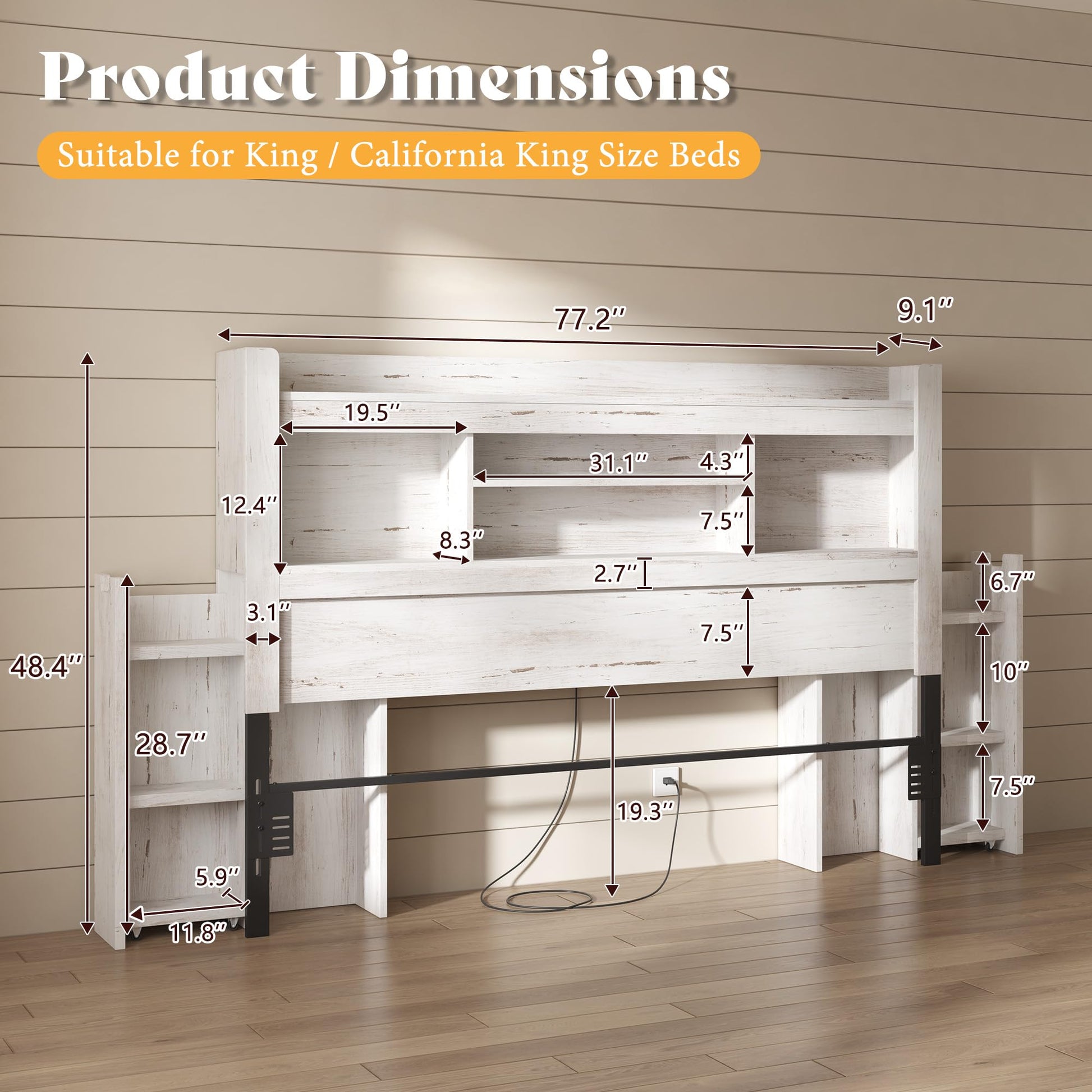 Farmhouse King Headboard with Storage & LED Lighting-Distressed White-King